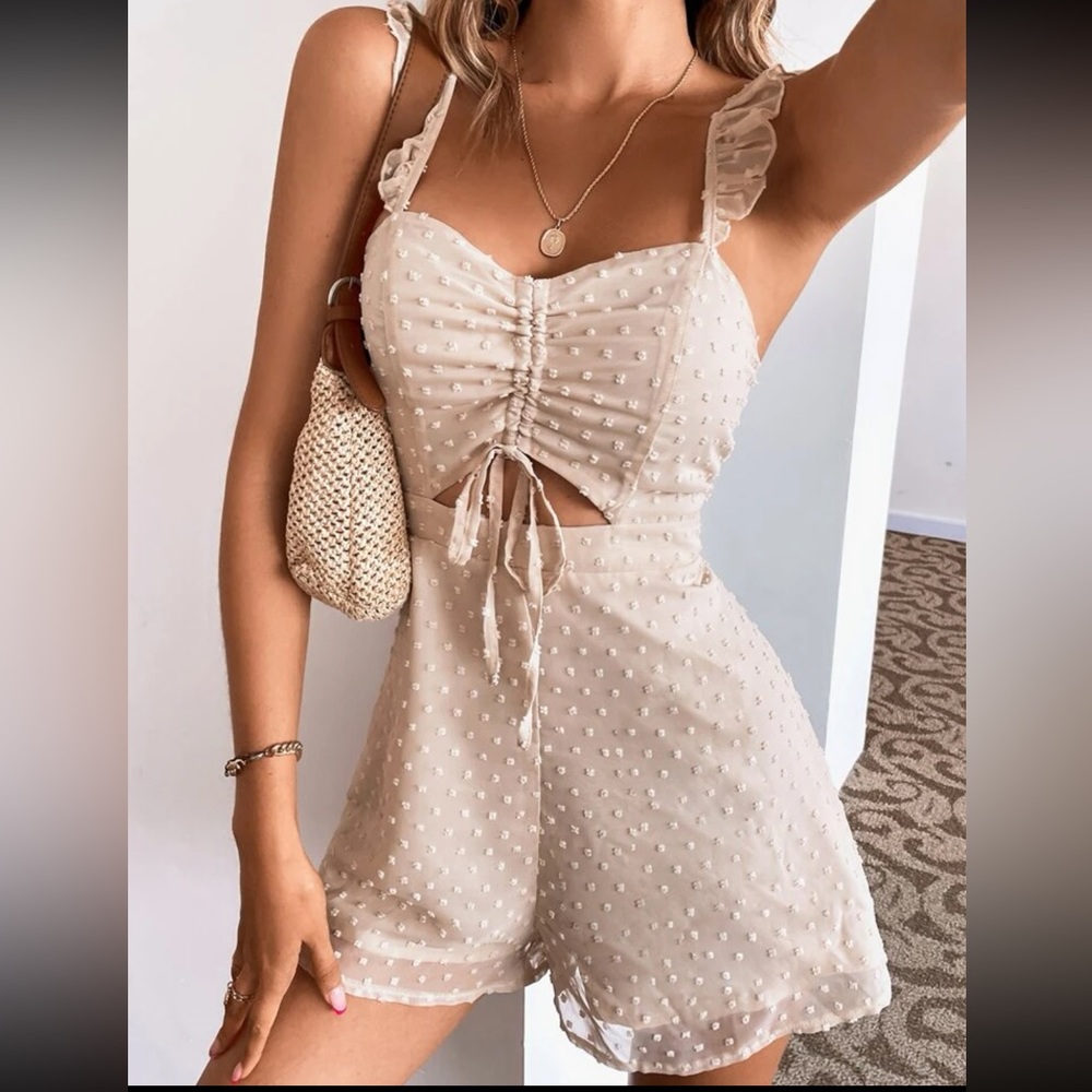 Swiss Dot Ruffle Trim Drawstring Cut Out Romper - Size Medium